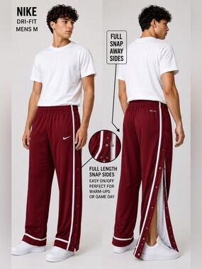 Nike Dri-FIT Tear Away Snap Track Pants Mens medium Burgundy White Stripe retro